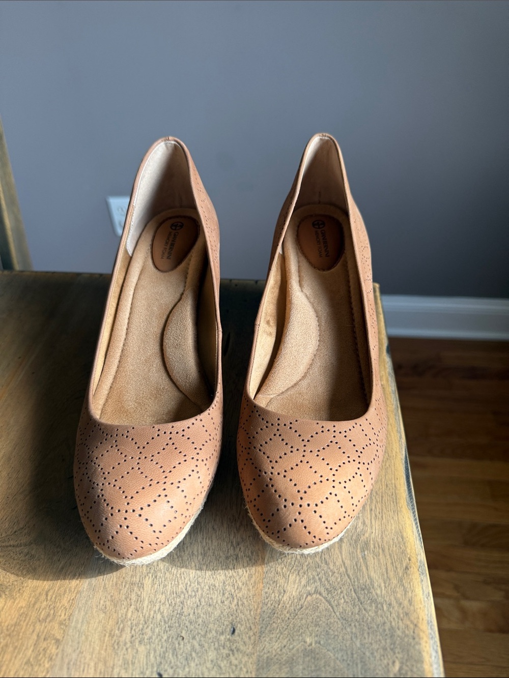 Giani Bernini Tan Perforated Espadrille Wedge Pumps